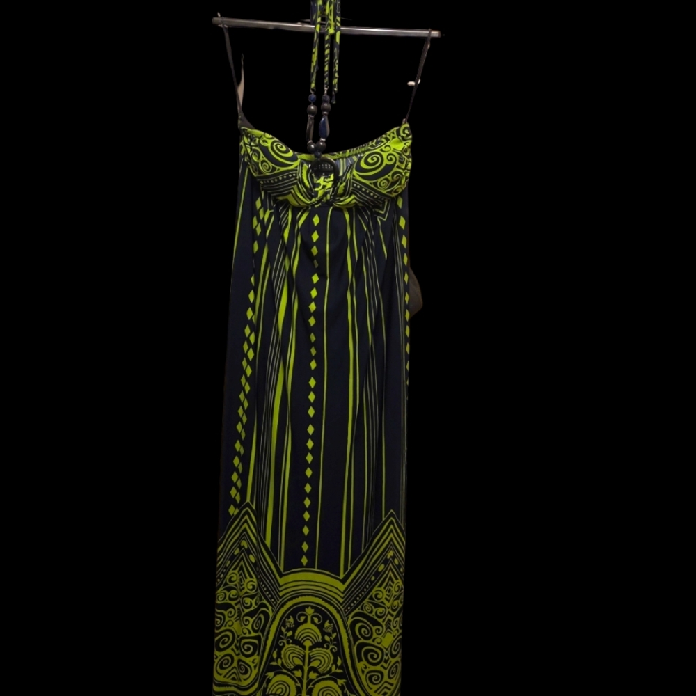 Carole Little Green and Black Patterned Dress With Jeweled Neck Tie.